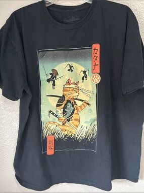 Threadless Black Tee Samurai Cat Graphic Orange Accents Casual Street  Sz XL